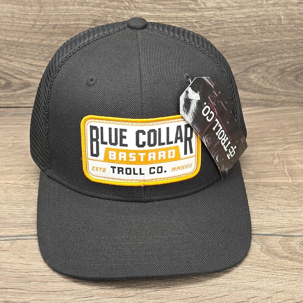 Troll Co Hat Cap Snap Back Black Mens Blue Collar Bastard Trucker Patch Mesh New